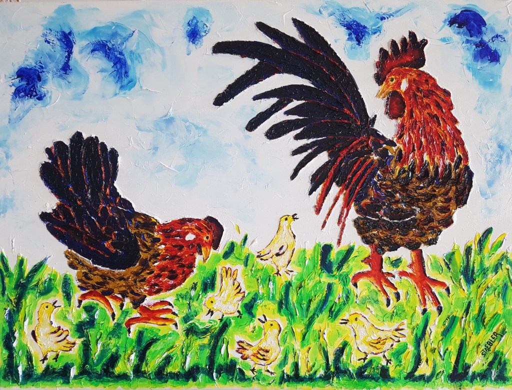 Coq poule et cinq poussins